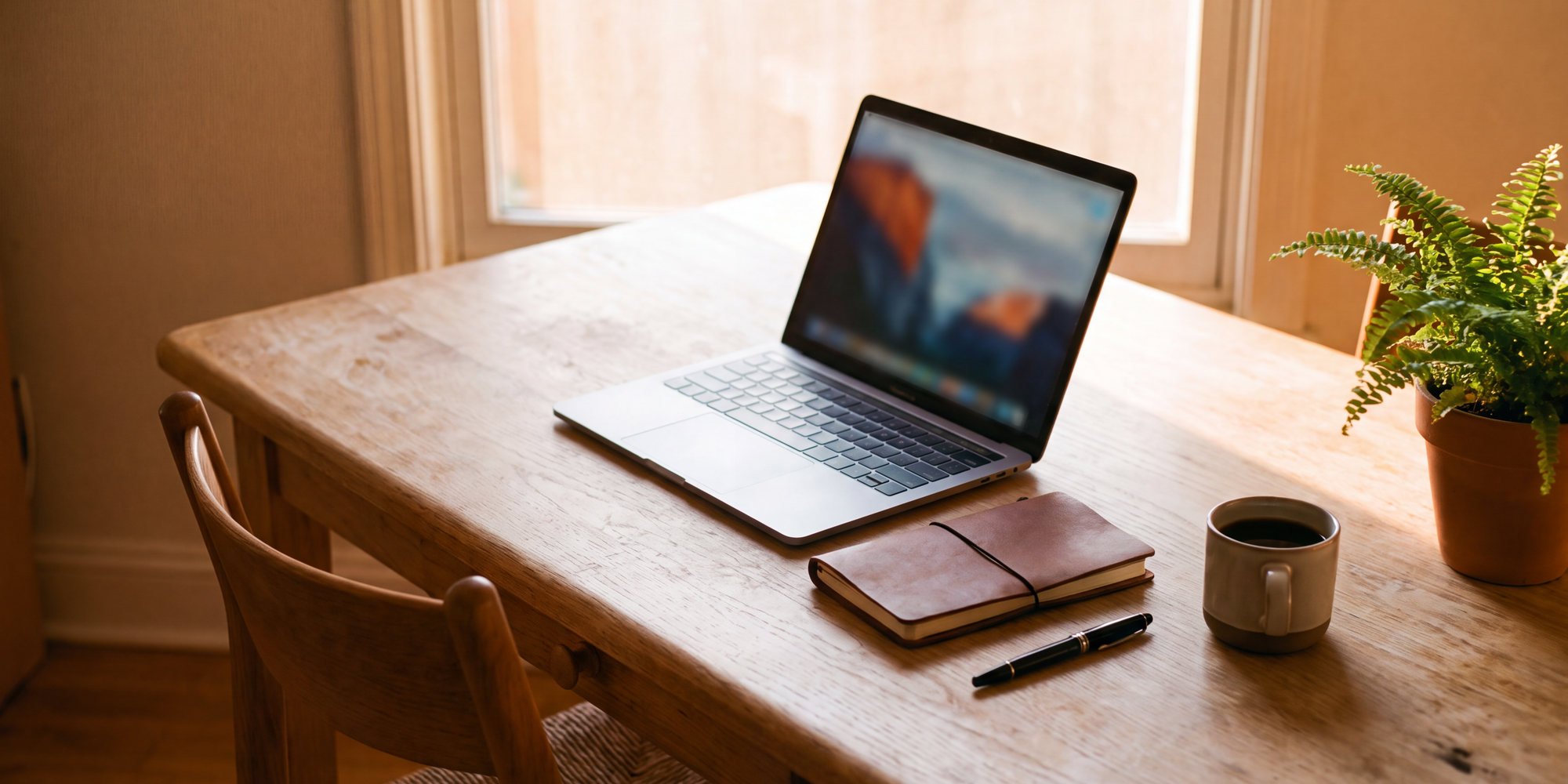 Aufgeklappter Laptop mit unscharfem Videocall-Fenster auf einem hellen Holztisch, daneben Notizbuch, Stift und Tasse im Morgenlicht