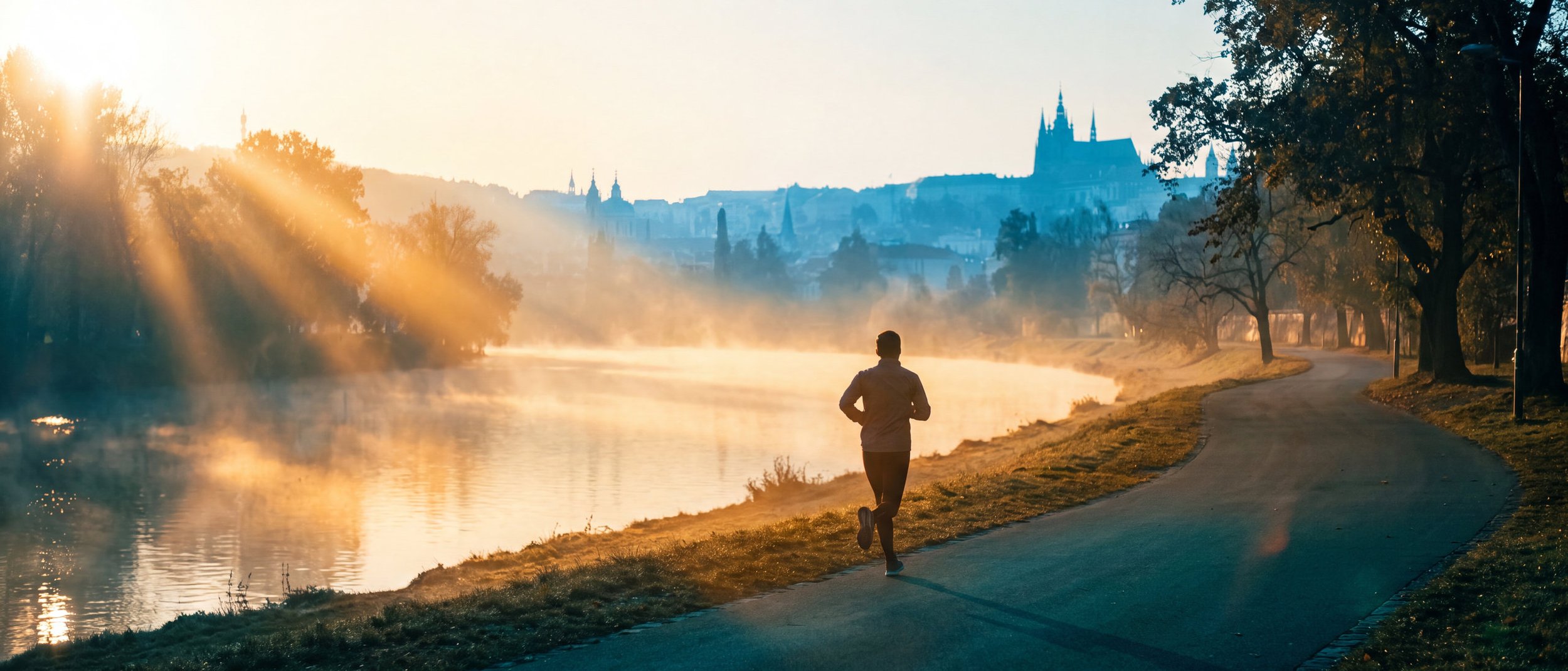 Läufer von hinten auf einem Uferweg im Morgennebel, goldenes Sonnenlicht über dem Fluss, dahinter die Silhouette der Stadt