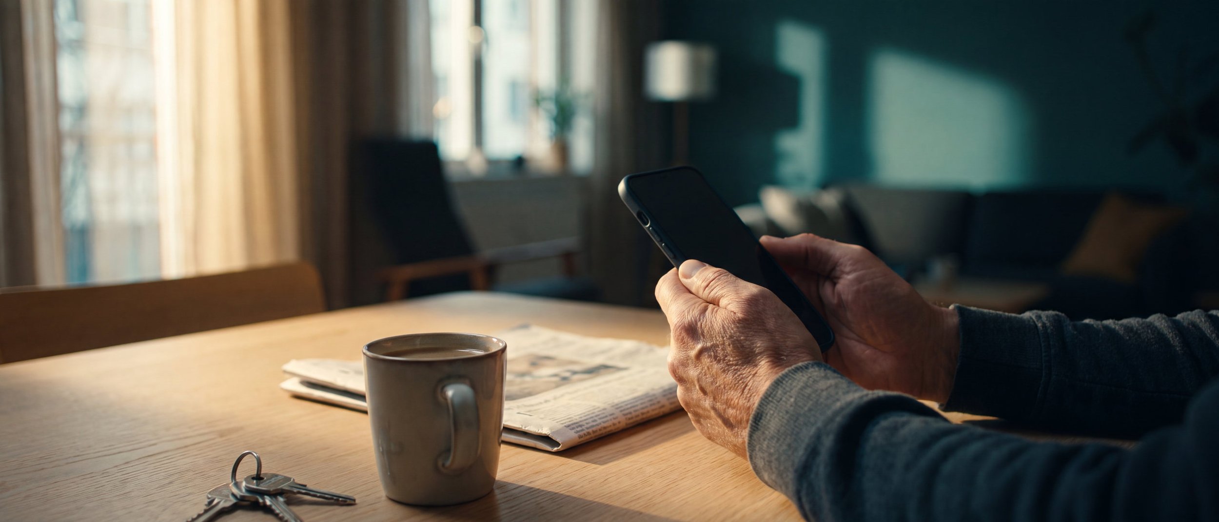 Hände halten ein Smartphone an einem Frühstückstisch, daneben Kaffeetasse, Zeitung und Schlüssel im warmen Morgenlicht