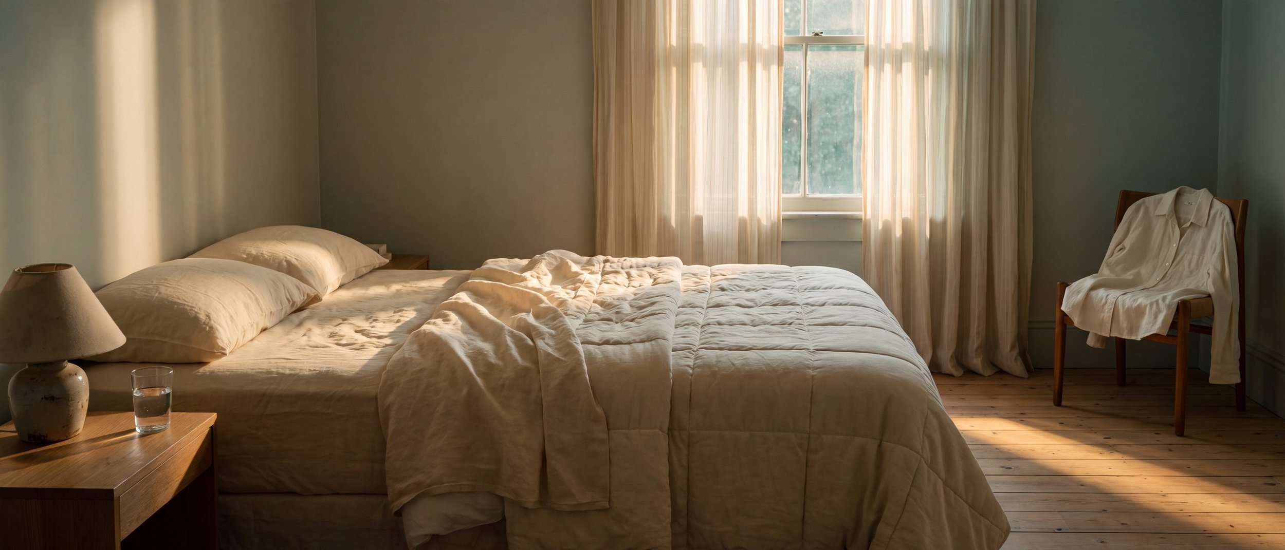 Ordentlich gemachtes Bett in einem ruhigen Schlafzimmer, durch die halb geöffneten Vorhänge fällt das erste goldene Morgenlicht auf Bett und Holzboden