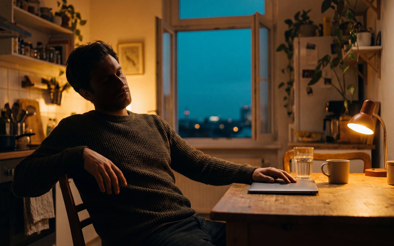 Mann klappt am Abend am Küchentisch den Laptop zu und lehnt sich entspannt zurück, warmes Lampenlicht