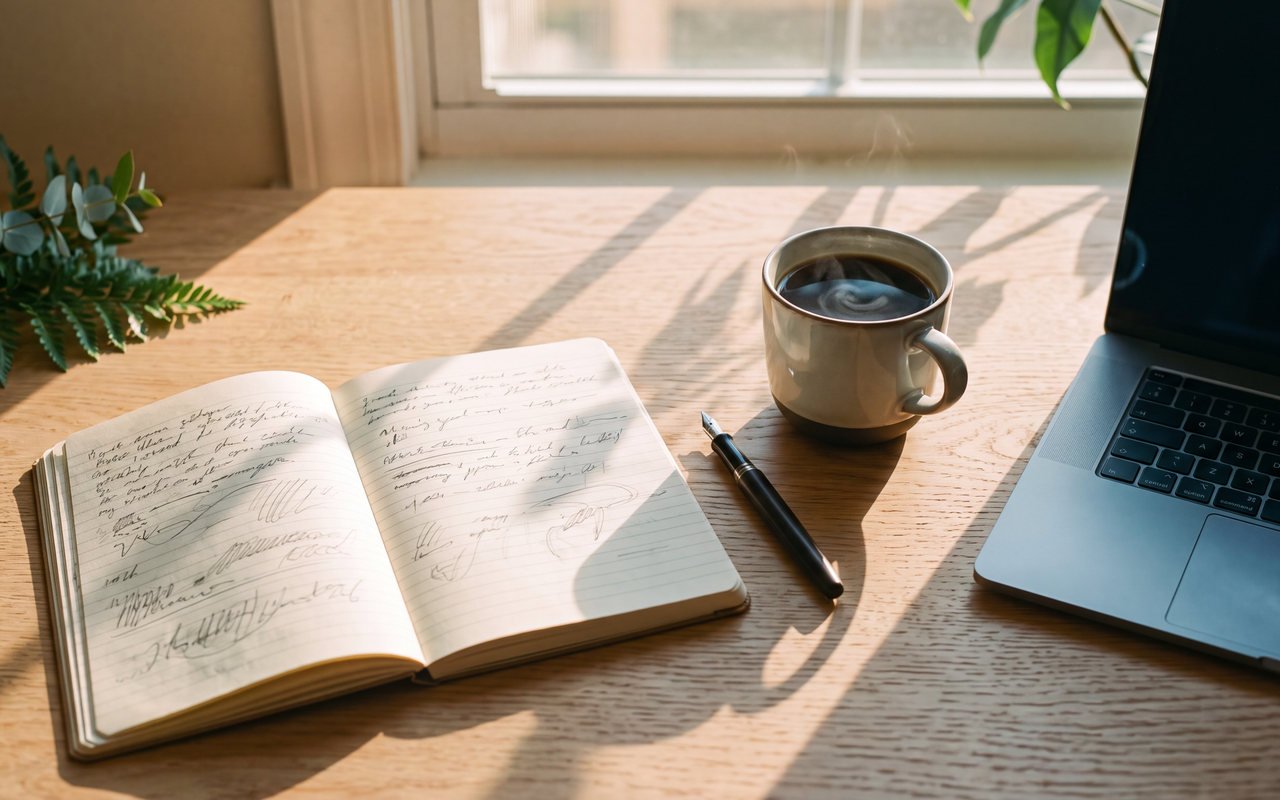 Aufgeschlagenes Notizbuch, Füller und Kaffeetasse auf einem hellen Holztisch im Morgenlicht