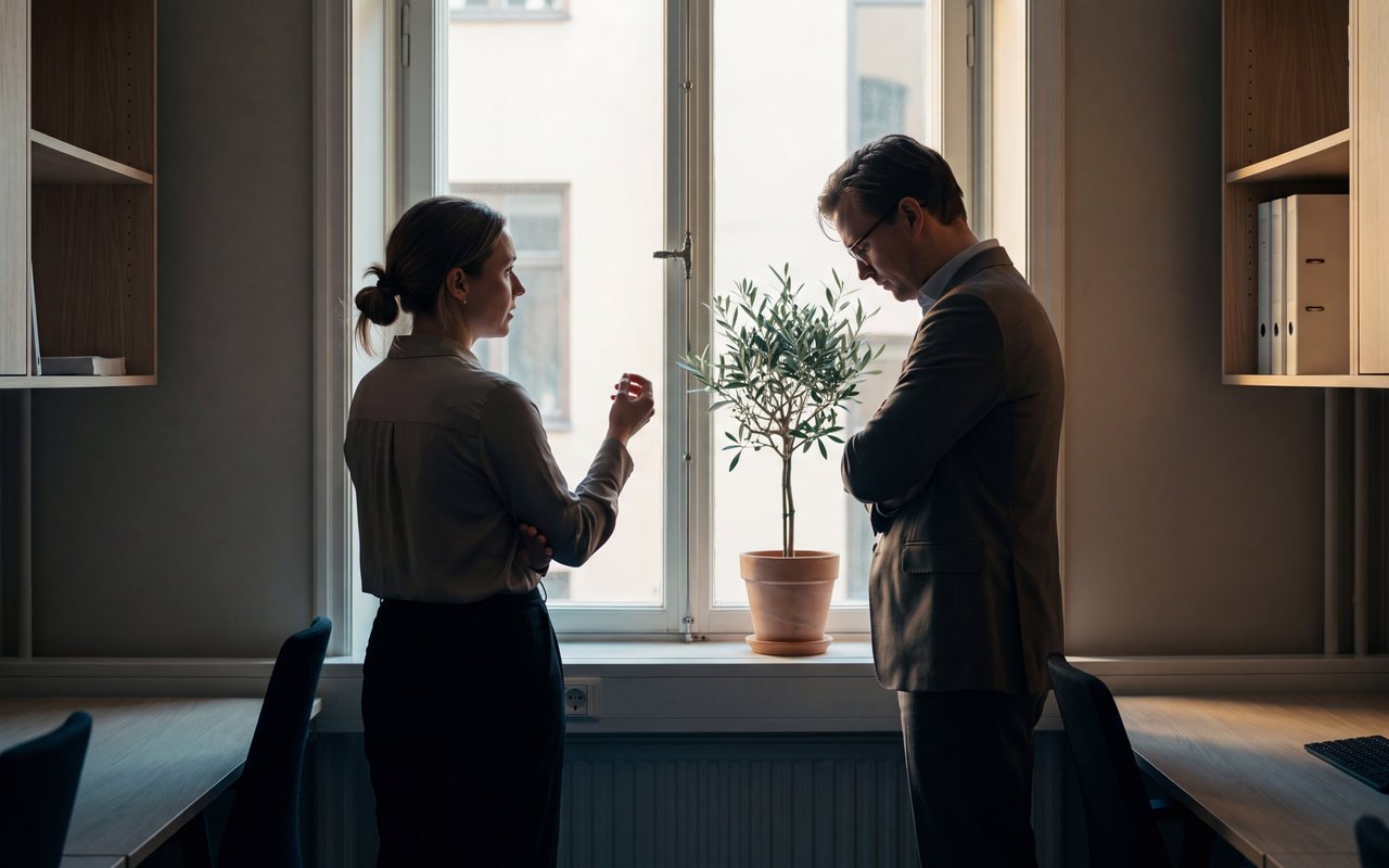 Führungskraft steht entspannt am Kopf eines hellen Besprechungstisches und spricht, drei Kolleginnen und Kollegen hören aufmerksam zu