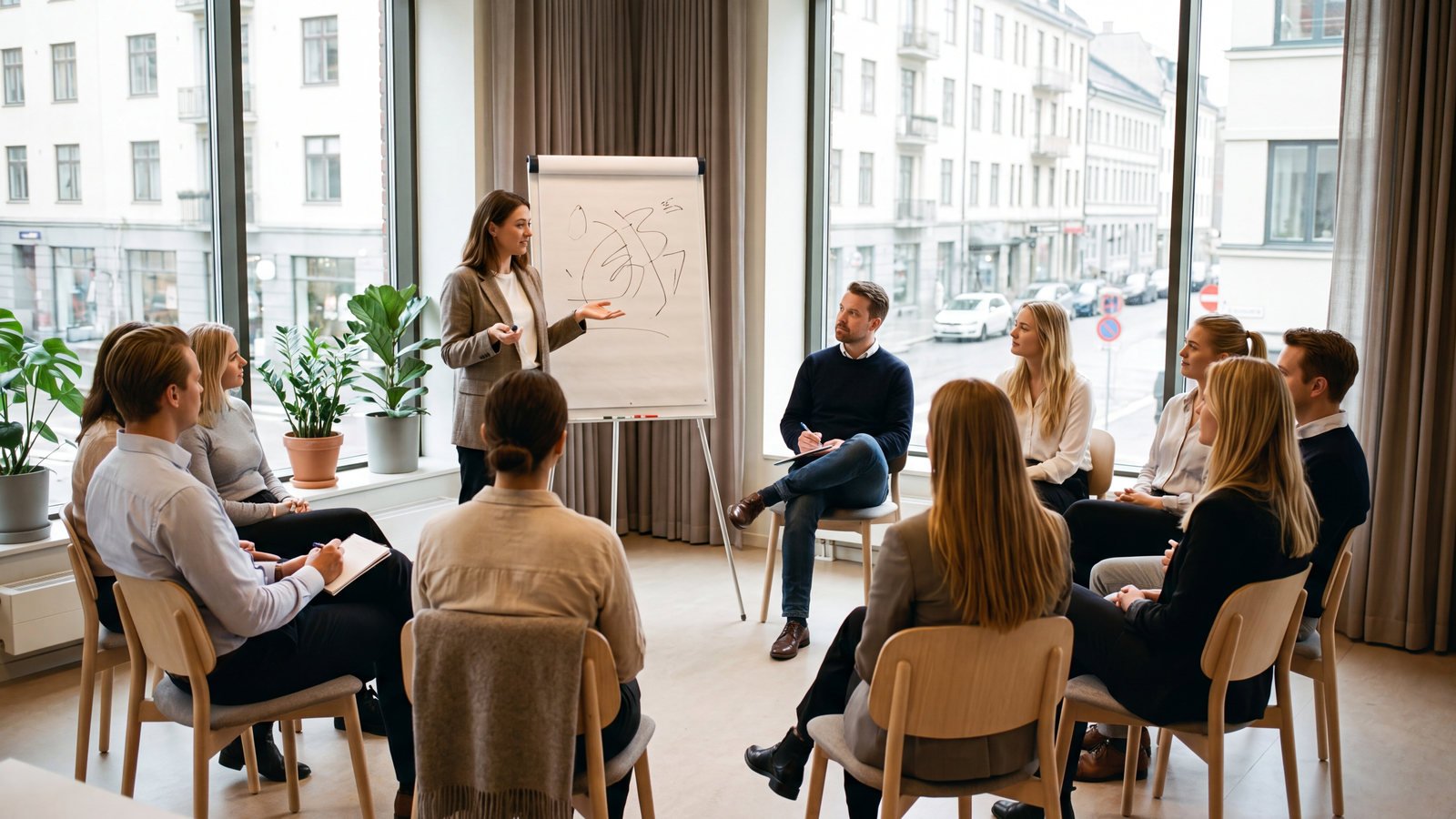 Workshop in einem hellen Büroraum: eine Person spricht am Flipchart vor einer kleinen Gruppe aufmerksam zuhörender Menschen