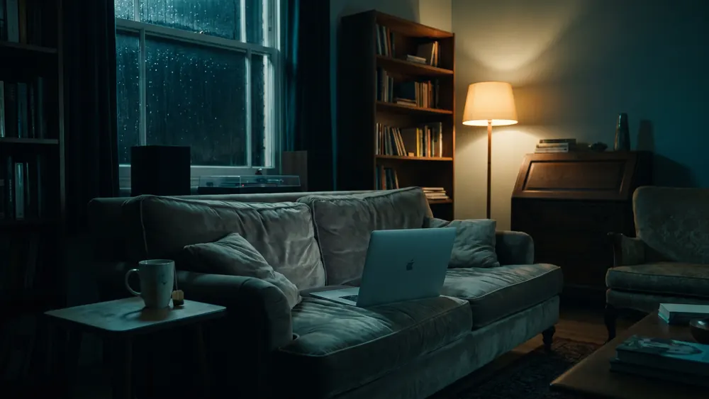 Wohnzimmer spät am Abend, ein aufgeklappter Laptop leuchtet noch auf dem Sofa neben einer kalt gewordenen Tasse Tee