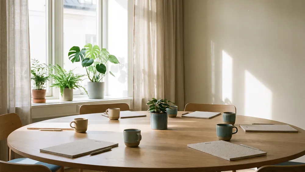 Helles modernes Besprechungszimmer mit rundem Tisch, Notizblöcken und Kaffeetassen, Pflanzen am Fenster, weiches Tageslicht