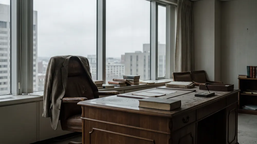 Leerer Büroschreibtisch mit zurückgeschobenem Stuhl, graues bedecktes Tageslicht durch ein großes Fenster, ein Jackett über der Lehne