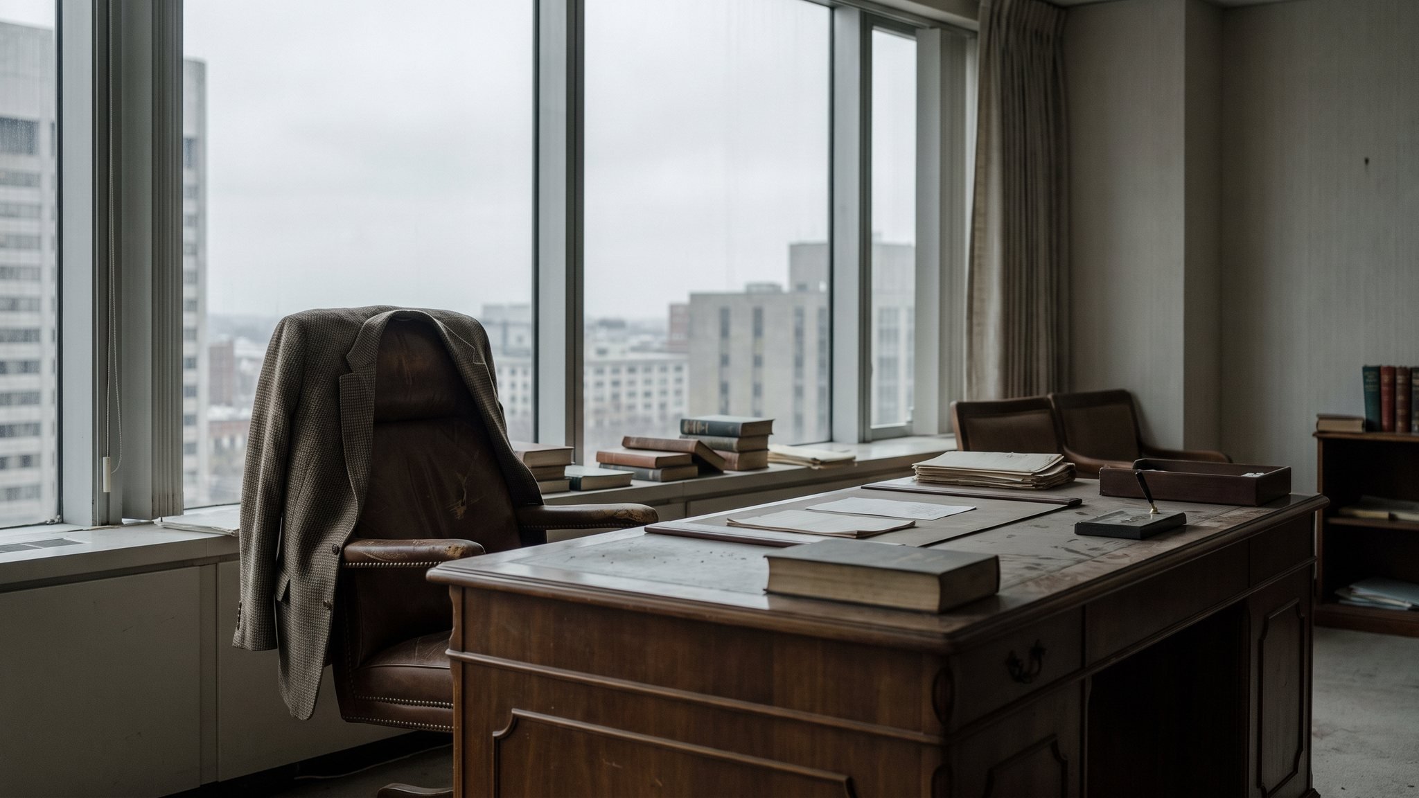 Leerer Büroschreibtisch mit zurückgeschobenem Stuhl, graues bedecktes Tageslicht durch ein großes Fenster, ein Jackett über der Lehne