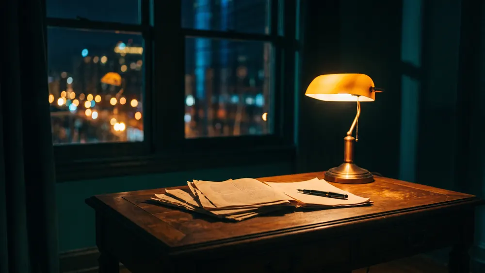 Schreibtisch bei Nacht, aufgeschlagene Unterlagen und ein Stift im Lichtkegel einer Lampe, dahinter unscharfe Stadtlichter