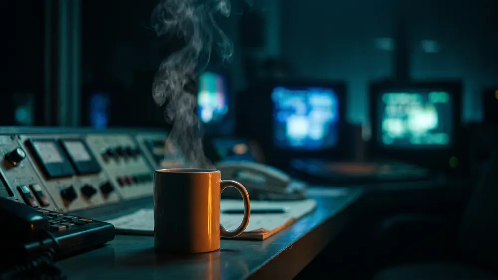 Dampfende Tasse schwarzer Kaffee auf einem Leitstand-Schreibtisch bei Nacht, unscharfe leuchtende Monitore im Hintergrund