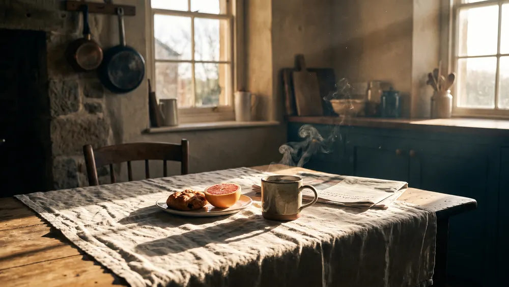 Morgendliche Küchenszene, eine volle dampfende Kaffeetasse neben einem unberührten Frühstück, hartes Morgenlicht mit langen Schatten