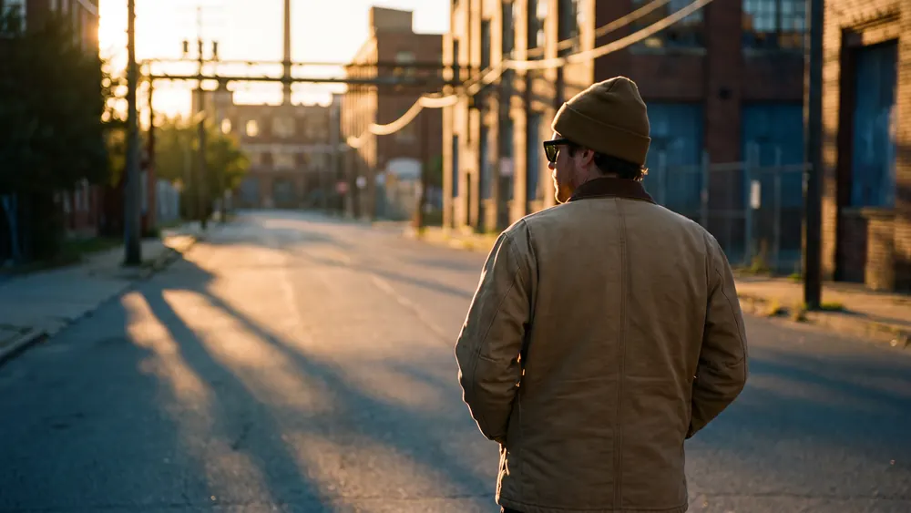 Person in Arbeitsjacke mit dunkler Sonnenbrille von hinten, geht durch tiefstehende Morgensonne eine leere Straße entlang, lange Schatten