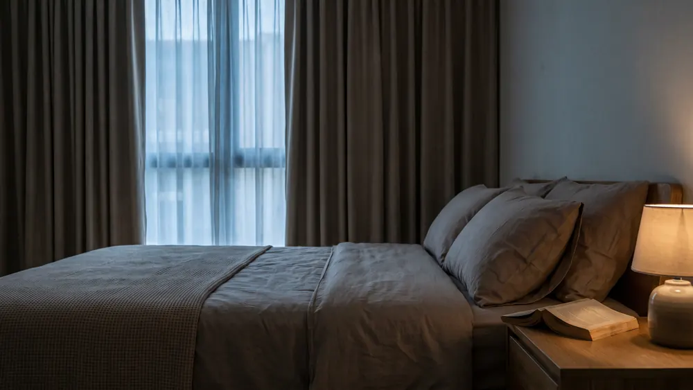 Ruhiges aufgeräumtes Schlafzimmer, schwere Vorhänge fast geschlossen, ein Buch mit dem Rücken nach oben auf dem Nachttisch, keine Bildschirme