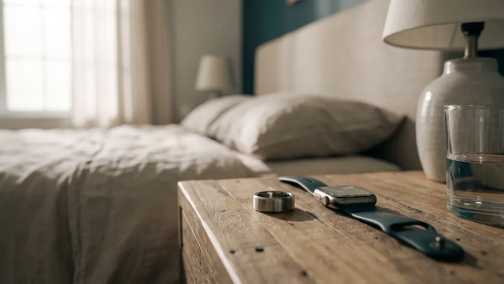 Ein Smart Ring und eine Fitnessuhr liegen auf einem hölzernen Nachttisch neben einem Glas Wasser, weiches Morgenlicht von der Seite