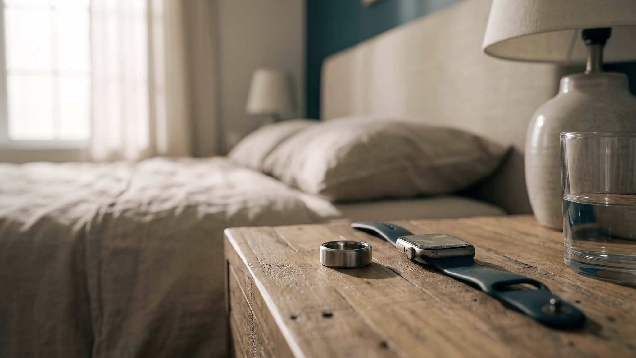 Ein Smart Ring und eine Fitnessuhr liegen auf einem hölzernen Nachttisch neben einem Glas Wasser, weiches Morgenlicht von der Seite
