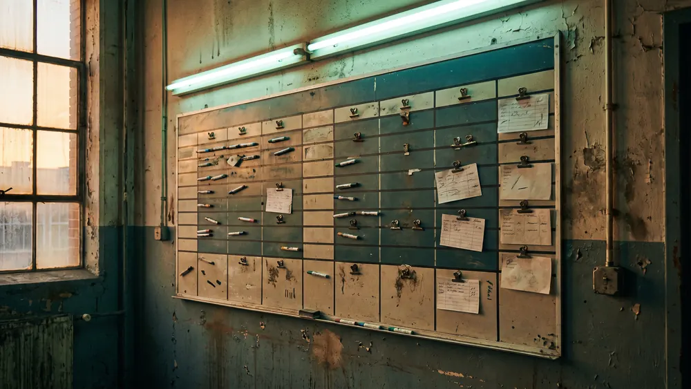 Schichtplantafel an einer Industriewand mit Magnetmarkern und handschriftlichen Karten, kaltes Neonlicht mischt sich mit warmem Abendlicht